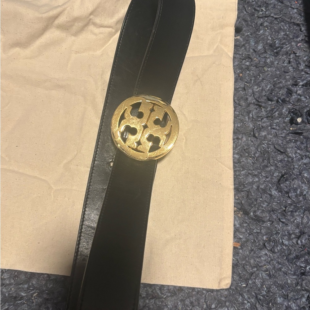 Tory Burch Black Miller Leather Belt with Gold Buckle- size M